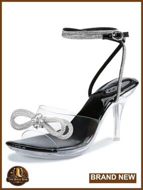 Clear Rhinestone Bow Ankle Strap Platform Heeled Sandals for Women Wedding Party
